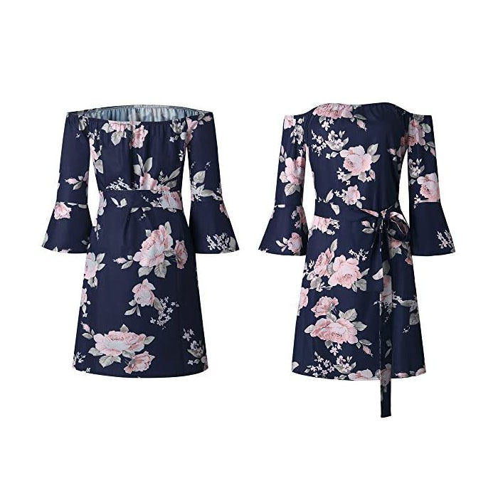 Beakey Women Off Fashion Shoulder Ruffles Floral Tunic Casual Party Shift Short Dress-Black