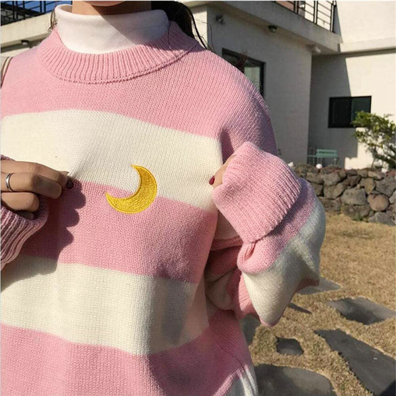 Beakey Womens Kawaii College Style Sweater Contrast Striped Moon Pullover-Pink