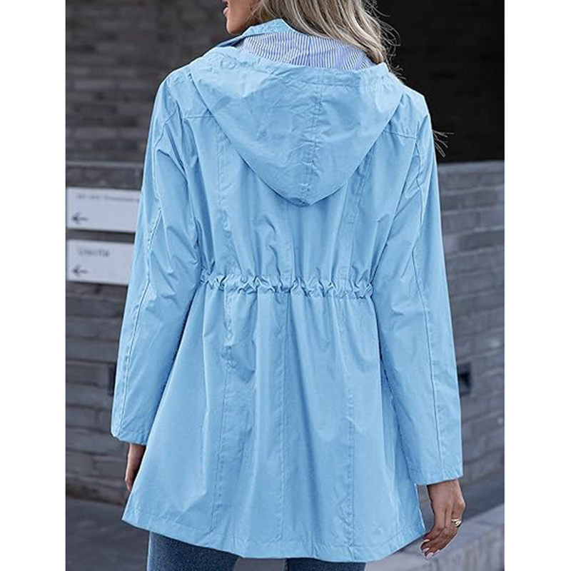 Beakey Rain Jacket for Women Striped Lined Hooded Lightweight Windbreaker-Sky Blue