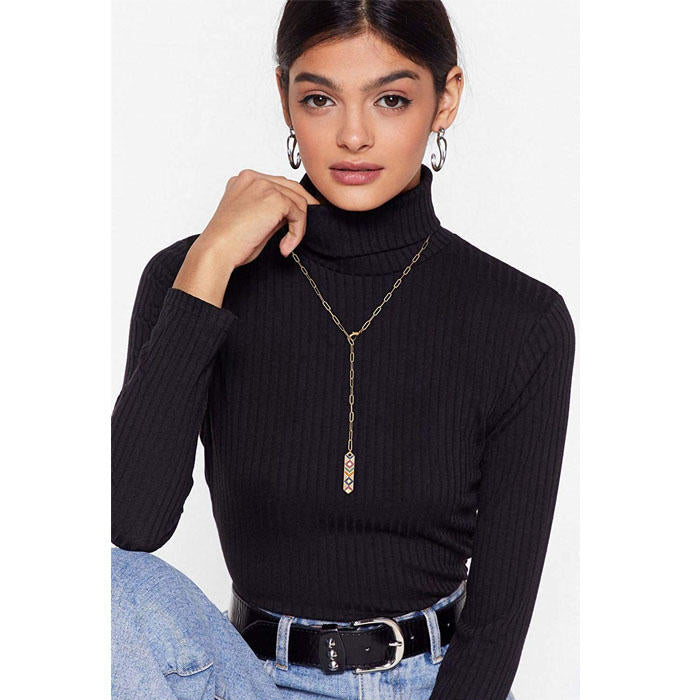 Beakey Simple Cute Long Pendant Necklace Oval Link Choker Double Layer Jewery-Long CZ Pendant-GL-0092A