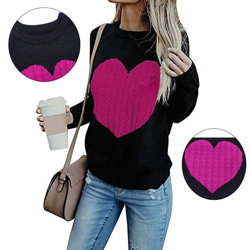 Beakey Women's Long Sleeve Pullover Sweater CrewNeck Cute Heart Knit Sweater-Black Rose