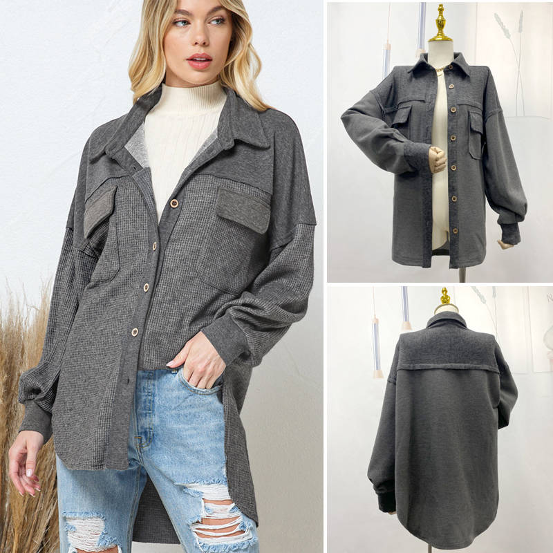 Beakey Womens Waffle Shirts Button Down Long Sleeve Oversized Blouse