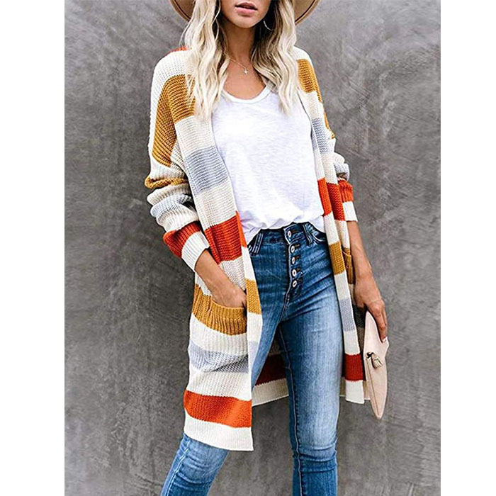 Beakey Women¡¯s Open Front Long Cardigan Strip Color Block Knit Fall Outwear Sweater-Yellow-AL6014