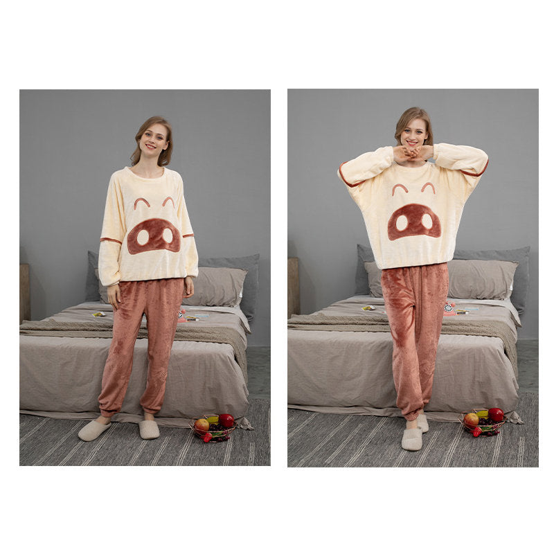 Beakey Cartoon Crewneck Pullover Pajamas Set-Beige