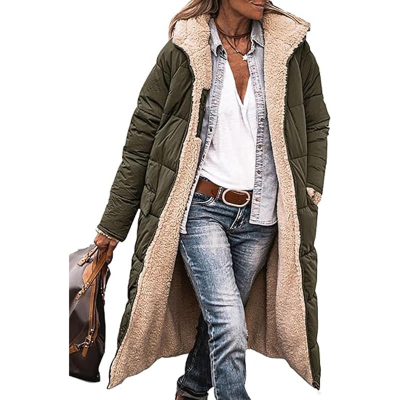 Beakey Womens Long Coats with Hood Fleece Lining Oversized Jackets-Army Green