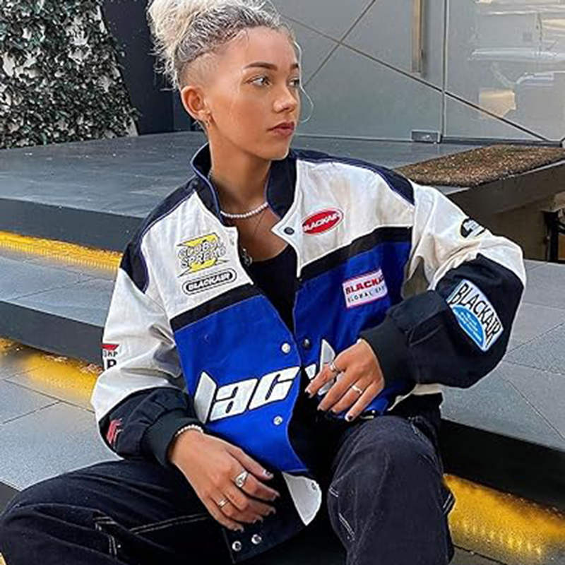 Beakey Motorcycle Jacket for Women Men Button-Down Baseball Coat-Blue