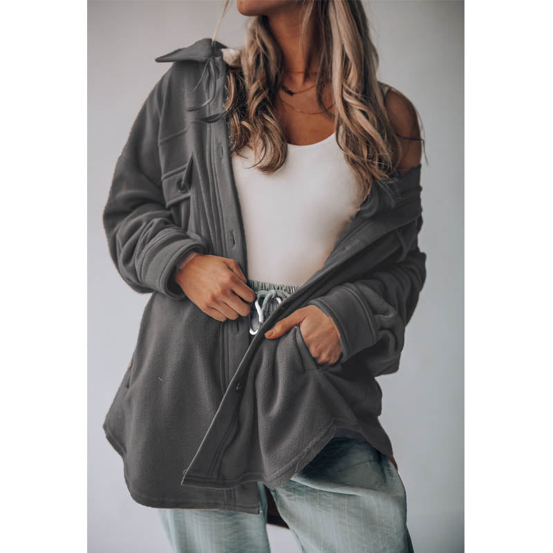 Beakey Womens Fleece Long Sleeved Shirt Casual Boyfriend Blouse Top-Grey