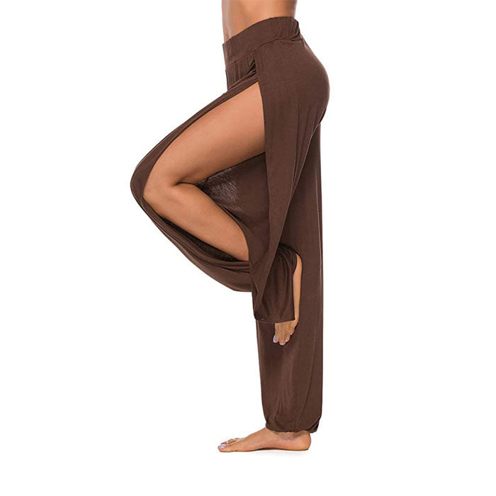 Beakey Women's Yoga Harem Pants Casual Loose Side Slit Hippie Long Pants-Brown-8006