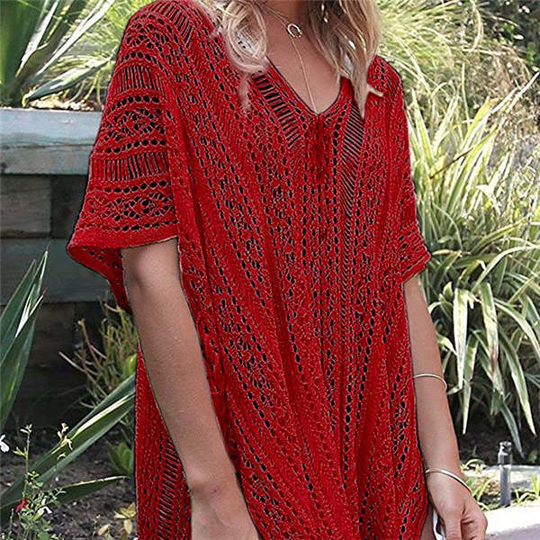 Beakey Women's Swimsuit Beach Bikini Loose Blouse Knitted Blouse Stylish Beach Cover up-Red