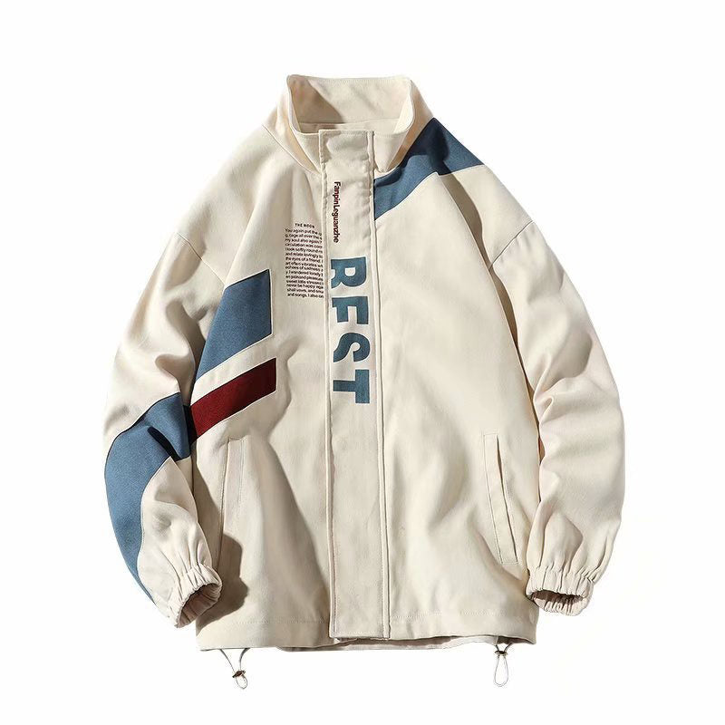 Beakey Mens Harajuku Jacket with Zipper Letter Print Oversized Streetwear