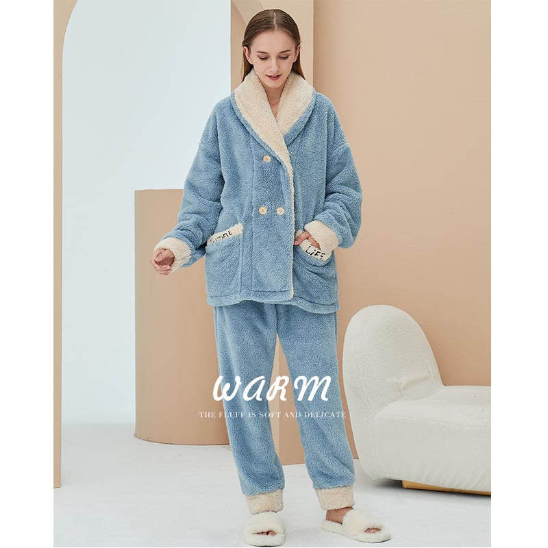 Beakey Womens Plush Pajamas Cardigan Set Loungewear-Haze Blue