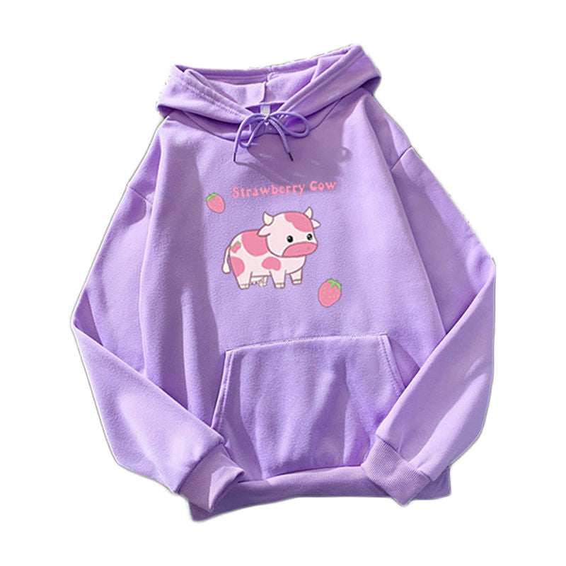 Beakey Casual Hoodie Strawberry Cow Print with Pockets for Women Men-Purple