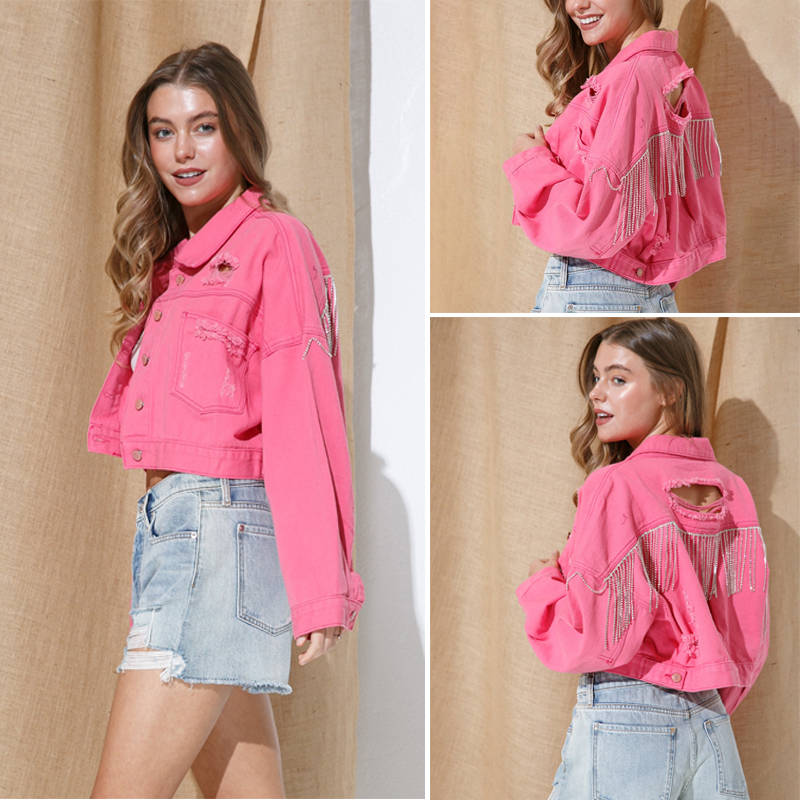 Beakey Womens Denim Jacket with Fringe Rhinestones Crop Casual Coat-RoseRed