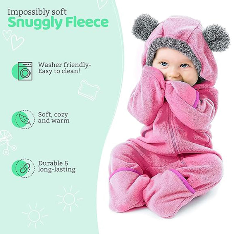 Beakey Baby Fleece Bodysuit Zipper Closure with Hood & Mittens for Winter-Pink