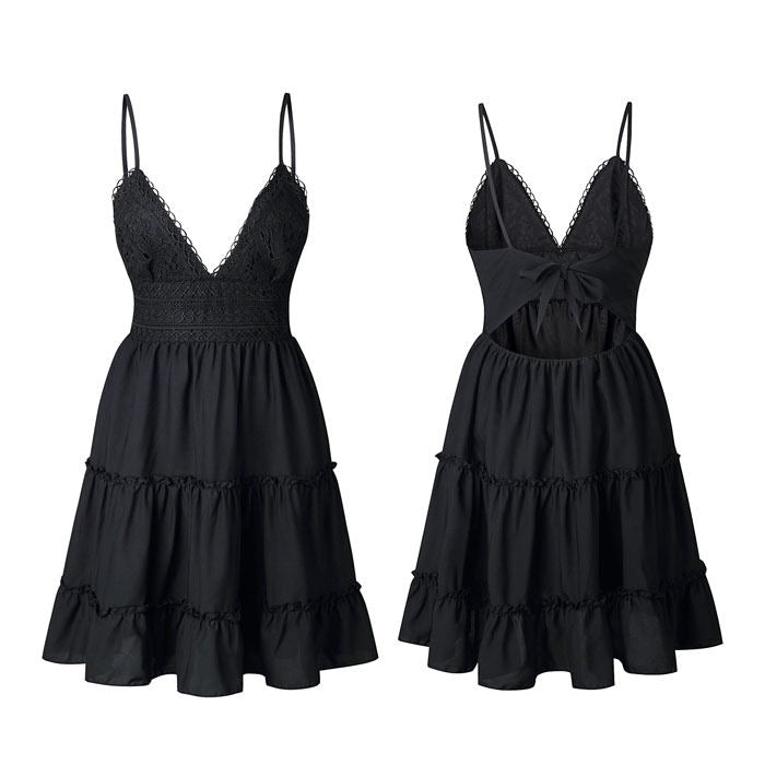 Beakey Womens V-Neck Strap Bowknot Backless Sleeveless Lace Mini Dress-Black-WQZ015