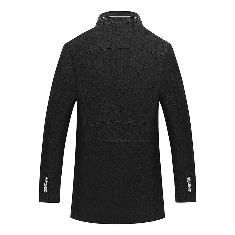 Beakey Mid Long Pea Coat for Men Single Breasted with Detachable Scarf-Black