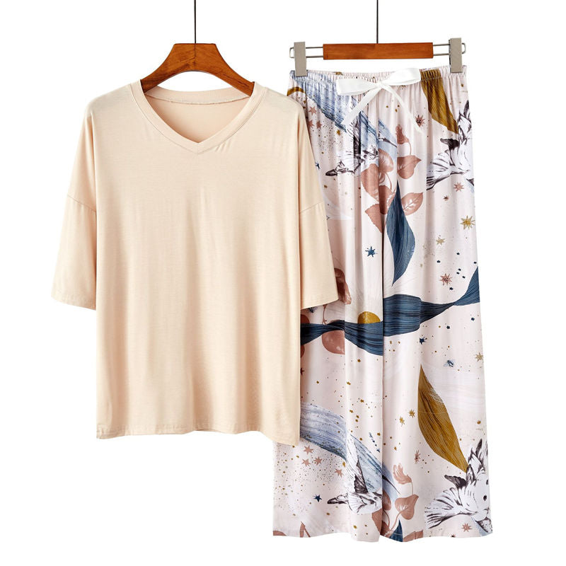 Beakey Womens Pajama Set Print Sleepwear Soft V-Neck Short Sleeve Top With Pants-24