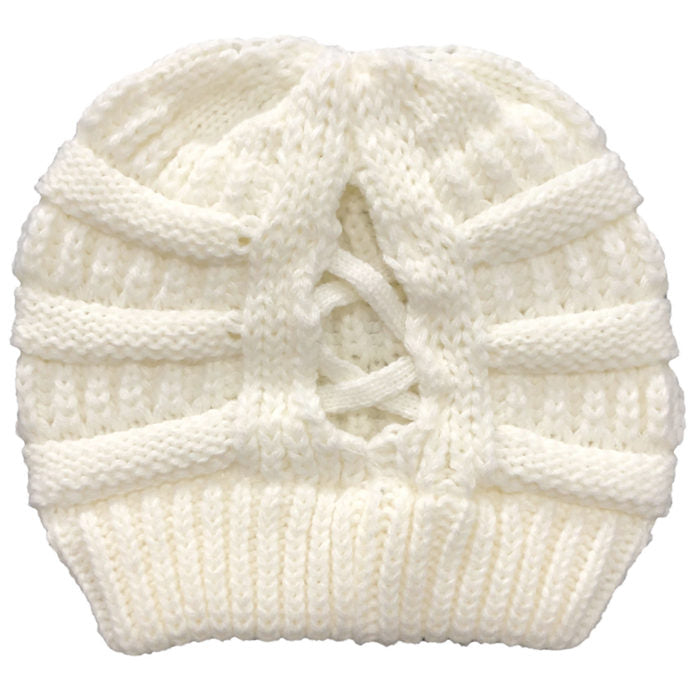 Beakey Soft Stretch Cable Knit Hat Ponytail Beanie Winter Hat For Women-White