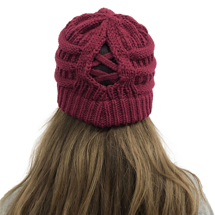 Beakey Soft Stretch Cable Knit Hat Ponytail Beanie Winter Hat For Women-Maroon