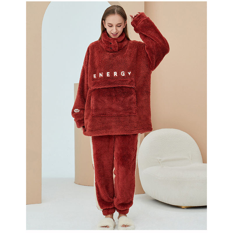 Beakey Thickening Coral Fleece Pajamas Set for Women-Red