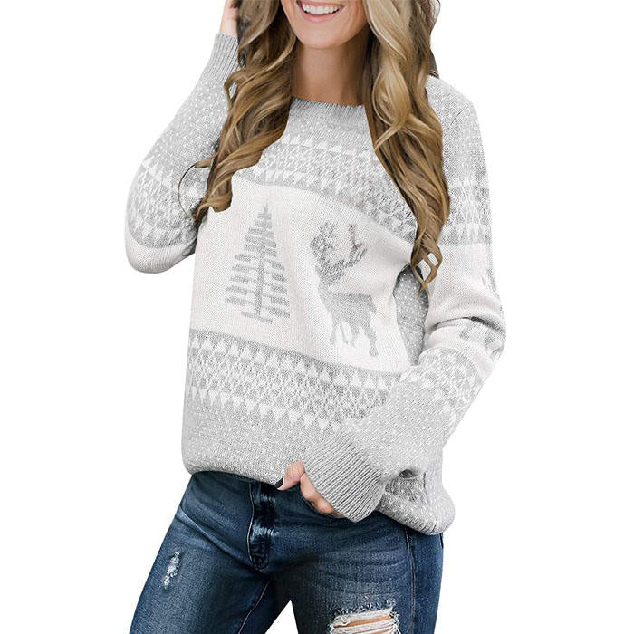 Beakey Women Long Sleeve Christmas Tree Reindeer Holiday Knit Sweater Pullover-Gray-CFB0032