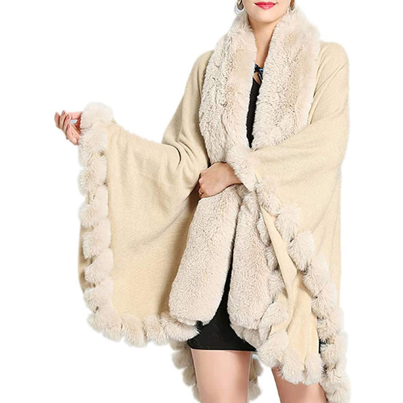 Beakey Womens Faux Fox Fur Trim Cardigan Shawl Oversized Cape-Beige