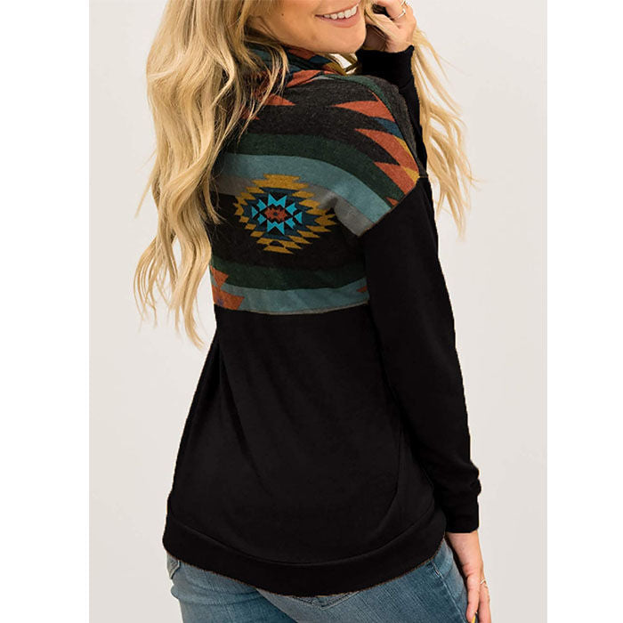 Beakey Women Turtleneck Color Block Pullover Sweatshirt Tops With Pockets-Black-HY201028