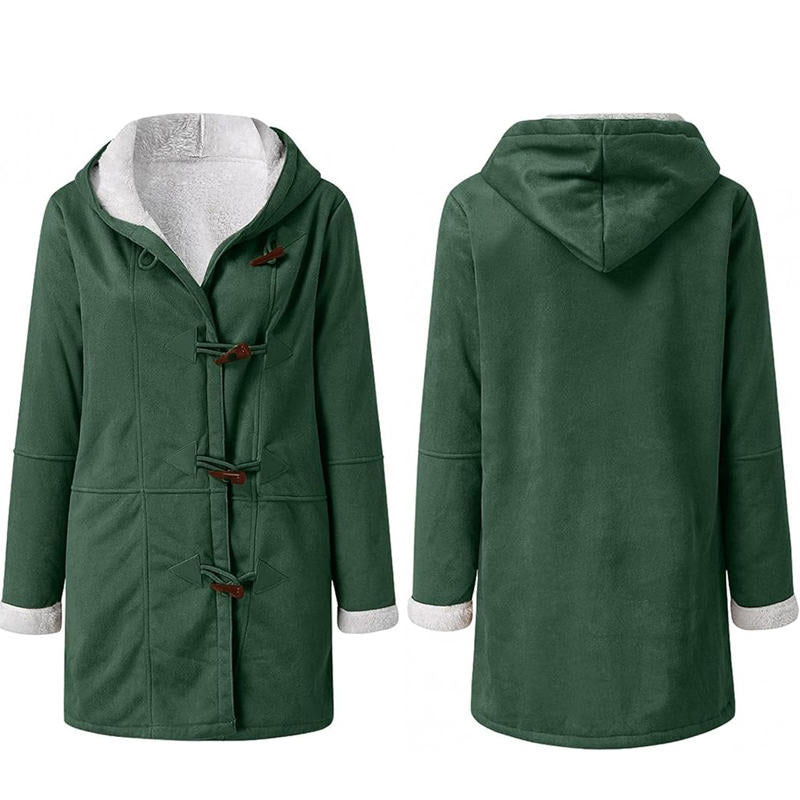 Beakey Fleece Jackets for Women Horn Button Winter Hooded Outwear-Grass Green