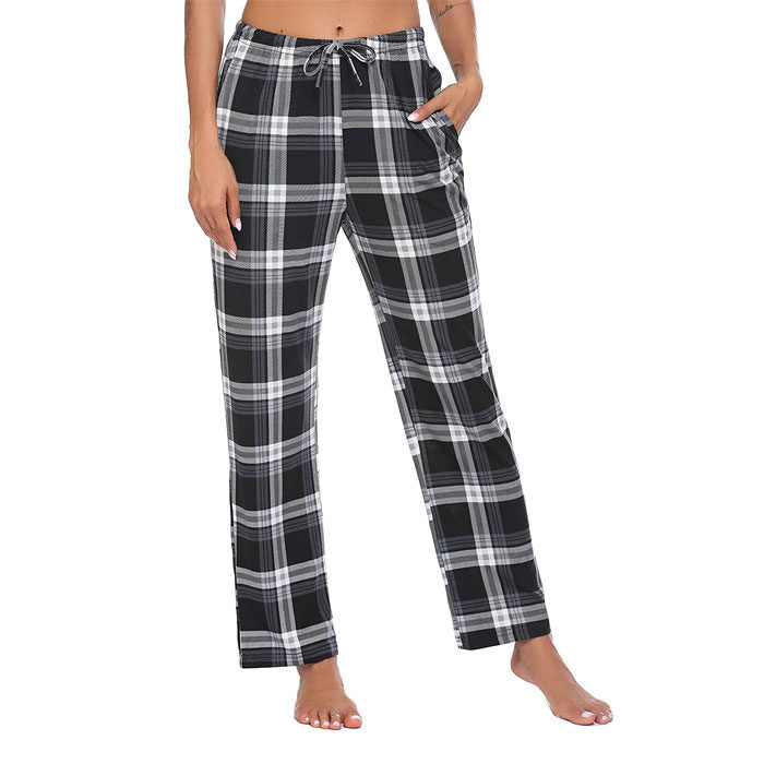 Beakey Women Lounge Pants Comfy Pajama Bottom Stretch Plaid Drawstring Bottoms Pants-Black-SP127
