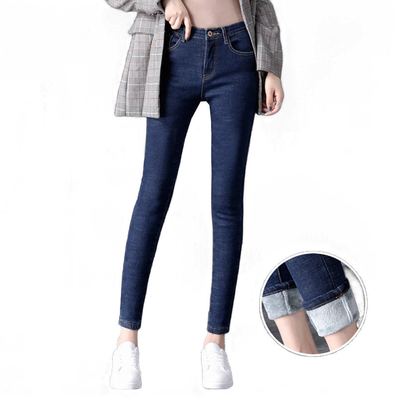 Beakey Womens Fleece Jeans with Pockets High Waist Stretch Pants-1966-Dark Blue