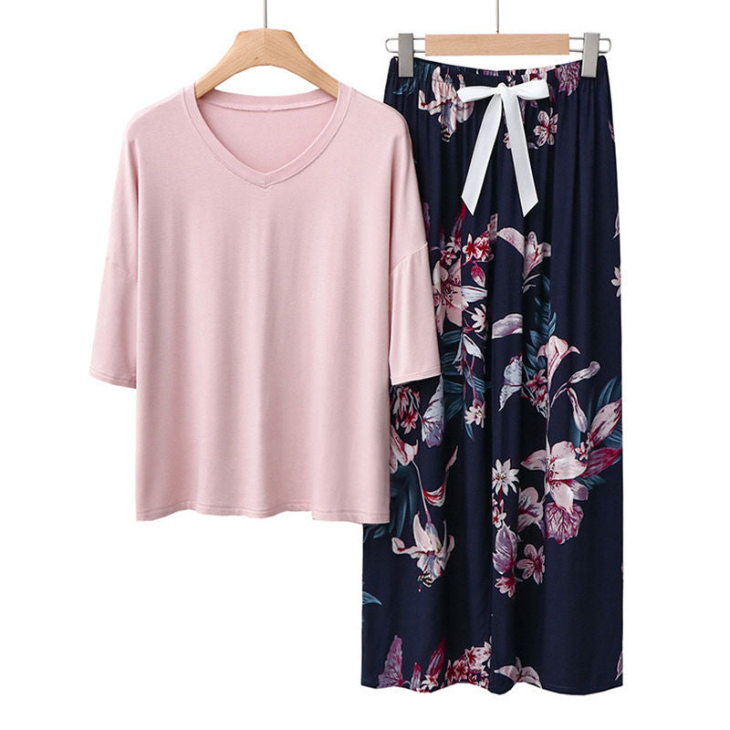 Beakey Womens Pajama Set Print Sleepwear Soft V-Neck Short Sleeve Top With Pants-2