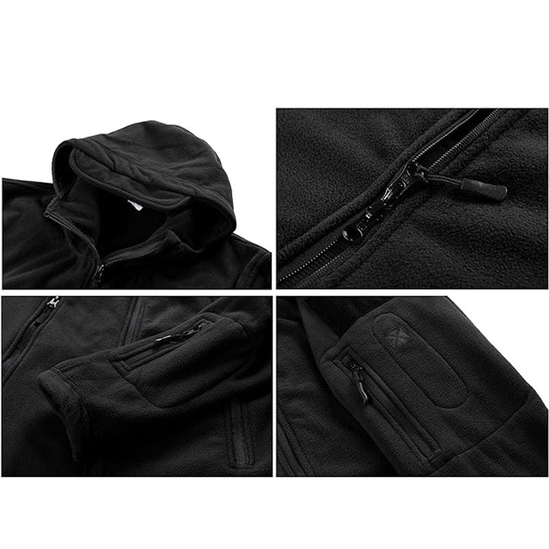 Beakey Military Tactical Jacket for Men Fleece Hooded Coat with Zipper-Black