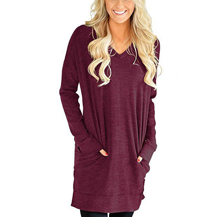 Beakey Womens Casual V Neck Long Sleeves Pocket Solid Color Sweatshirt Split Tops-Wine Red-W0083