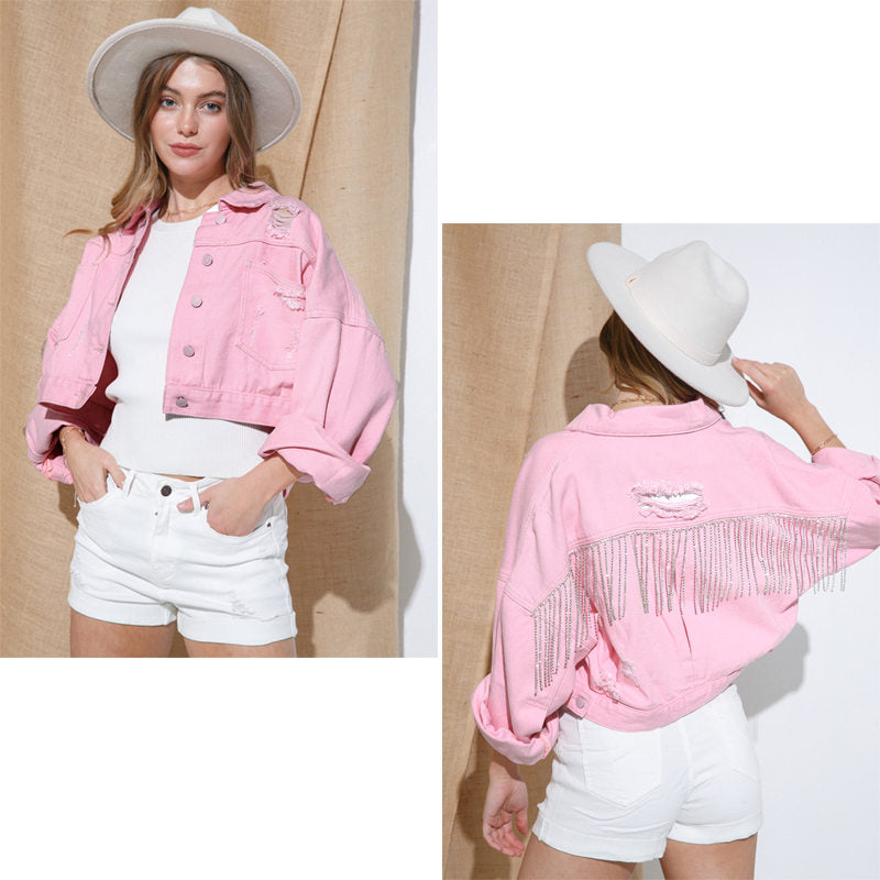 Beakey Womens Denim Jacket with Fringe Rhinestones Crop Casual Coat-Pink
