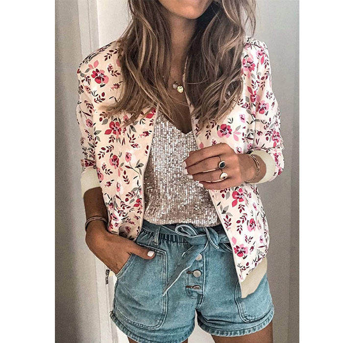 Beakey Women's Fashion Zip Up Casual Jacket Coat Short Outwear Flower Printing Tops-Pink-8795