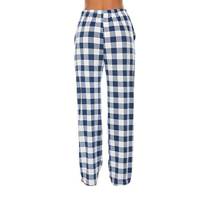 Beakey Women Lounge Pants Comfy Pajama Bottom Stretch Plaid Drawstring Bottoms Pants-Blue-SP127