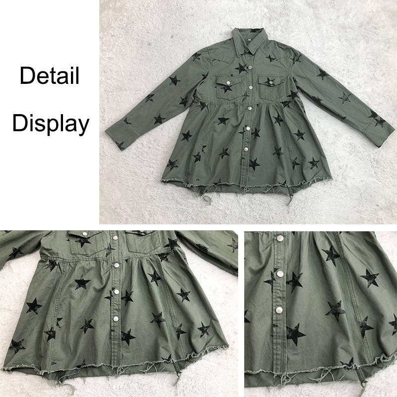 Beakey Star Print Jacket for Women Frayed Hem Distressed Denim Coat-Green