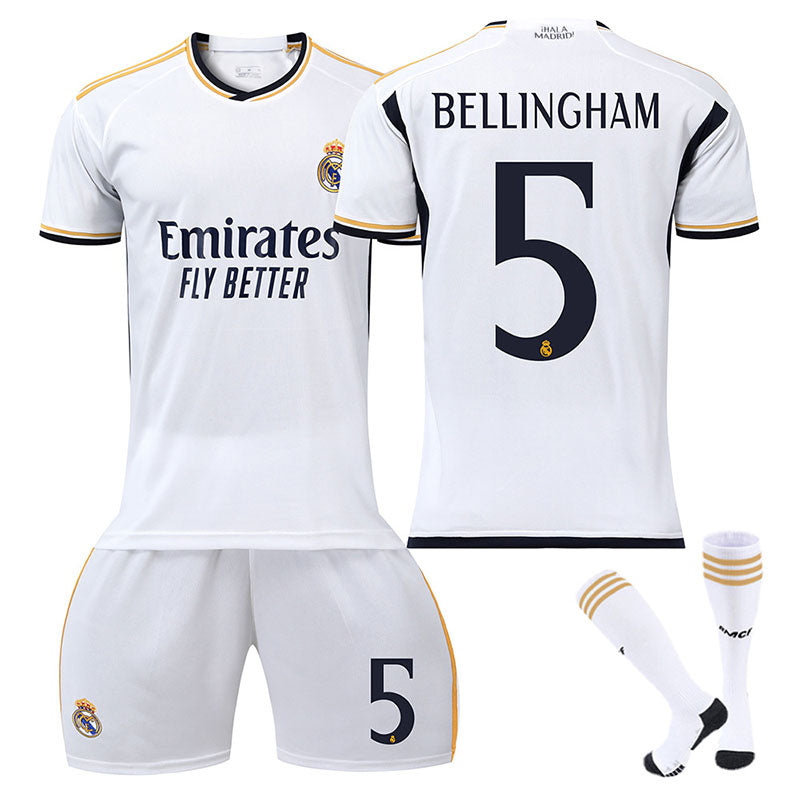 Beakey Real Madrid Home Jersey BELLINGHAM #5 Soccer Jersey Kids Adult 3Pcs Jersey Kits
