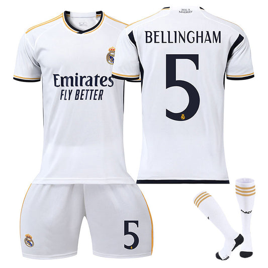 Beakey Real Madrid Home Jersey BELLINGHAM #5 Soccer Jersey Kids Adult 3Pcs Jersey Kits