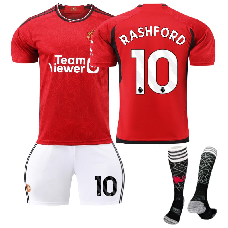 Beakey Red Devil Man Utd Home Jersey RASHFORD #10 Soccer Jersey Kids Adult 3Pcs Jersey Kits