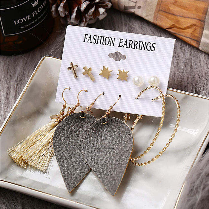 Beakey 36 Pairs Fashion Tassel Earrings Set Bohemian Hoop Stud Drop Dangle Earrings Leather Leaf Earrings-A set