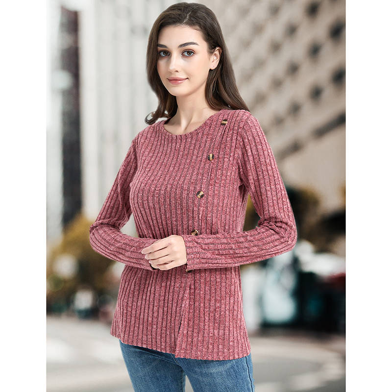 Beakey Long Sleeve Tops for Women Button Decor Loose Tunic Blouse-Wine Red