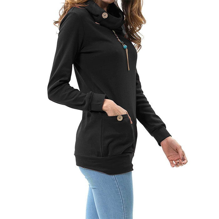 Beakey Womens Long Sleeve Buttons High Neck Casual Sweatshirts Tunic Tops With Pockets-Black-T4554