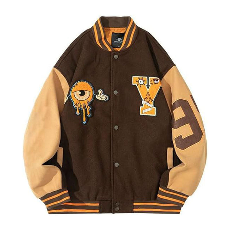 Beakey Y2K Varsity Jacket Unisex Embroidery print Baseball Coat Streetwear-Khaki