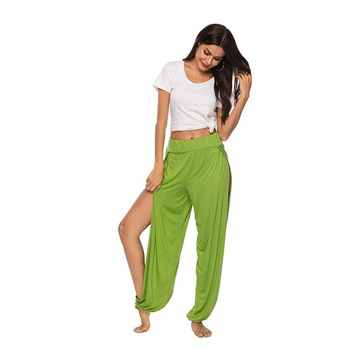 Beakey Women's Yoga Harem Pants Casual Loose Side Slit Hippie Long Pants-Green-8006