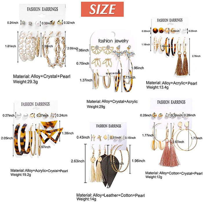 Beakey 36 Pairs Fashion Tassel Earrings Set Bohemian Hoop Stud Drop Dangle Earrings Leather Leaf Earrings-A set
