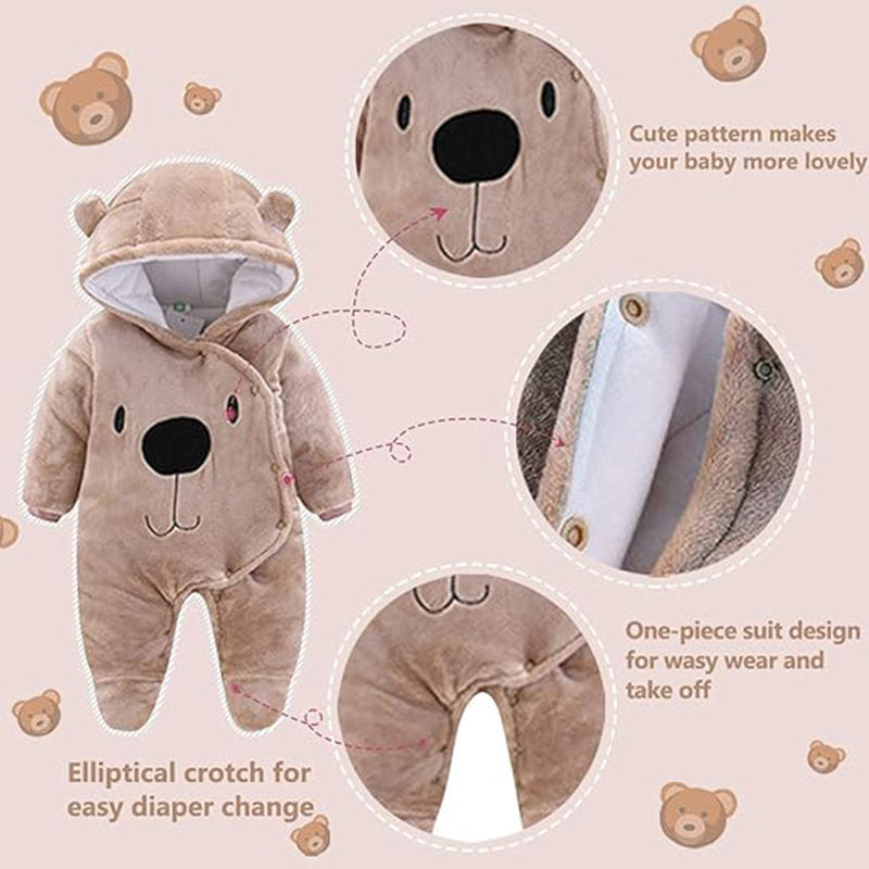 Beakey Cute Bear Hooded Snowsuit for Baby Button Footie Fleece Jumpsuit-Brown