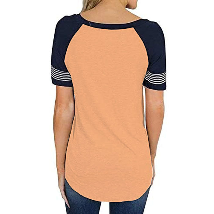 Beakey Womens T Shirts Round Neck Short Sleeve Striped Color Block Casual Tops-Orange-025