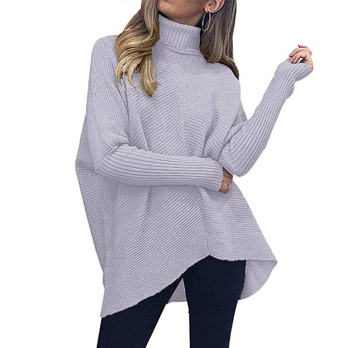 Beakey Womens Turtleneck Long Sweater Batwing Sleeve Asymmetric Hem Pullover Knit Tops-Gray-YY528