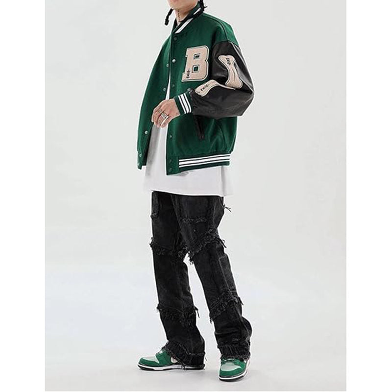 Beakey Unisex Varsity Jacket Stitched Leather Oversized Coat with Patch-Green